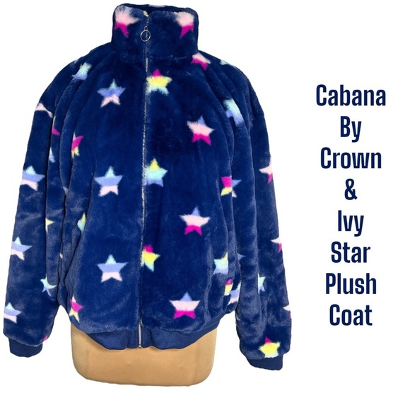 Crown & Ivy blue plush bomber jacket with multicolor star print Size Large - Picture 1 of 8